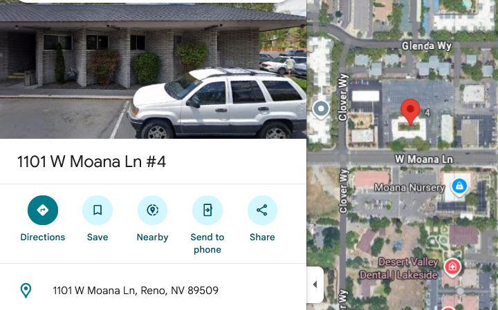 Map to WaxCin Studio at 1101 W Moana Ln Suite 4 Reno NV 89509